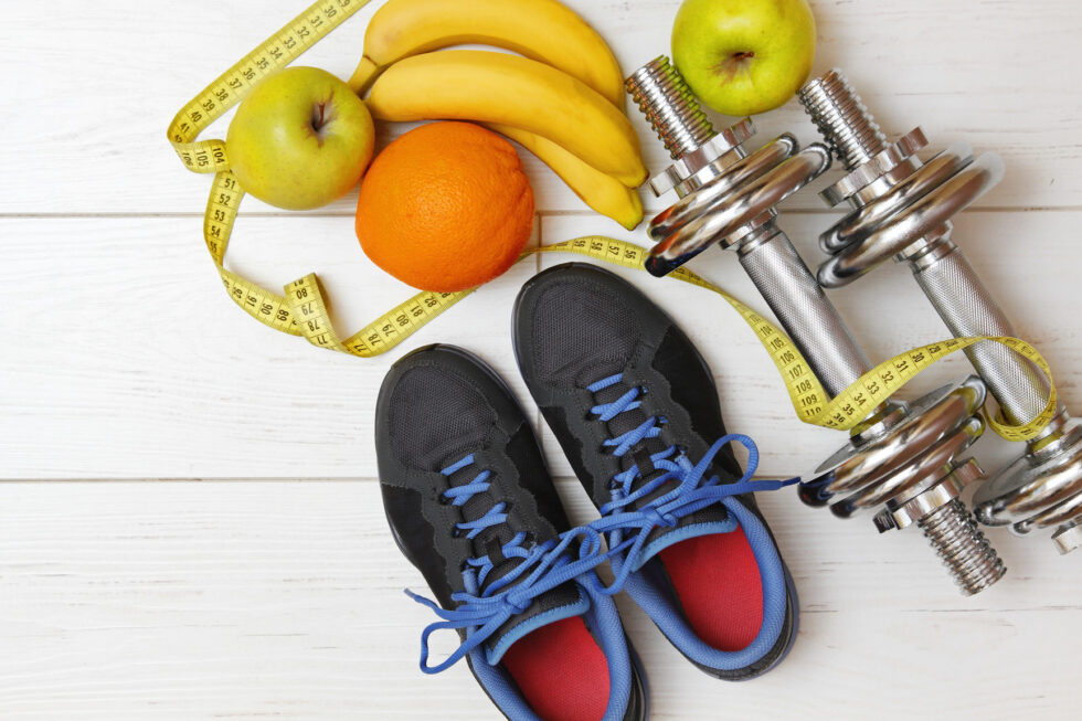 Fitness Equipment And Healthy Nutrition On White Wooden Plank Fl